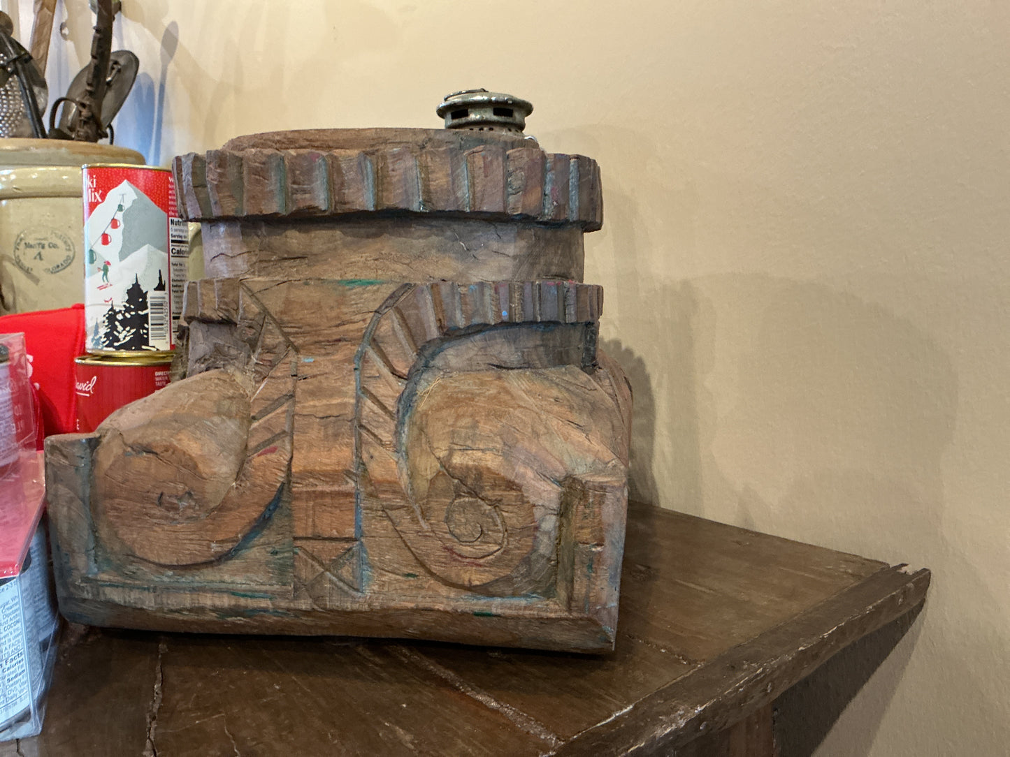 Antique Indian Wooden Pillar Base Candle Holder