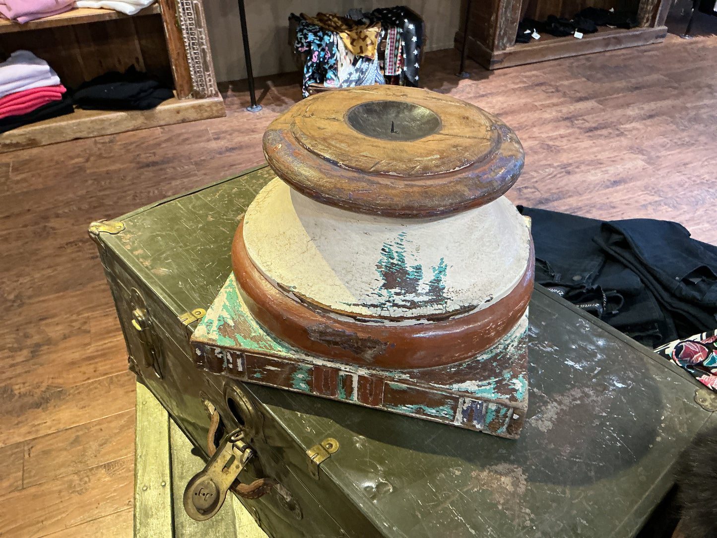 Antique Indian Wooden Pillar Base Candle Holder