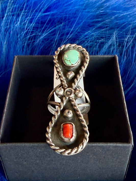 Vintage Navajo Turquoise and Coral Ring