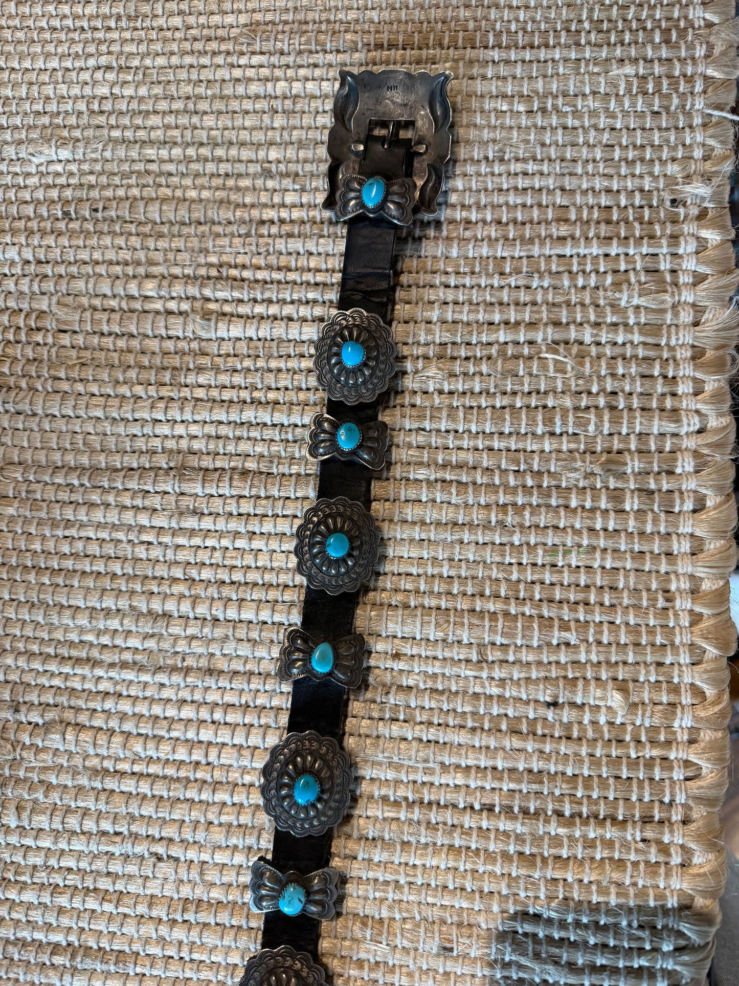Sterling and Small Turquoise Concho on Black Leather Belt