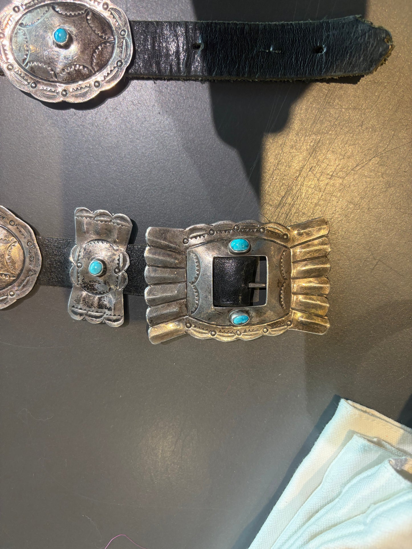 Rectangle Buckle Concho With Snake Eye Turquoise and Sterling on Black Leather