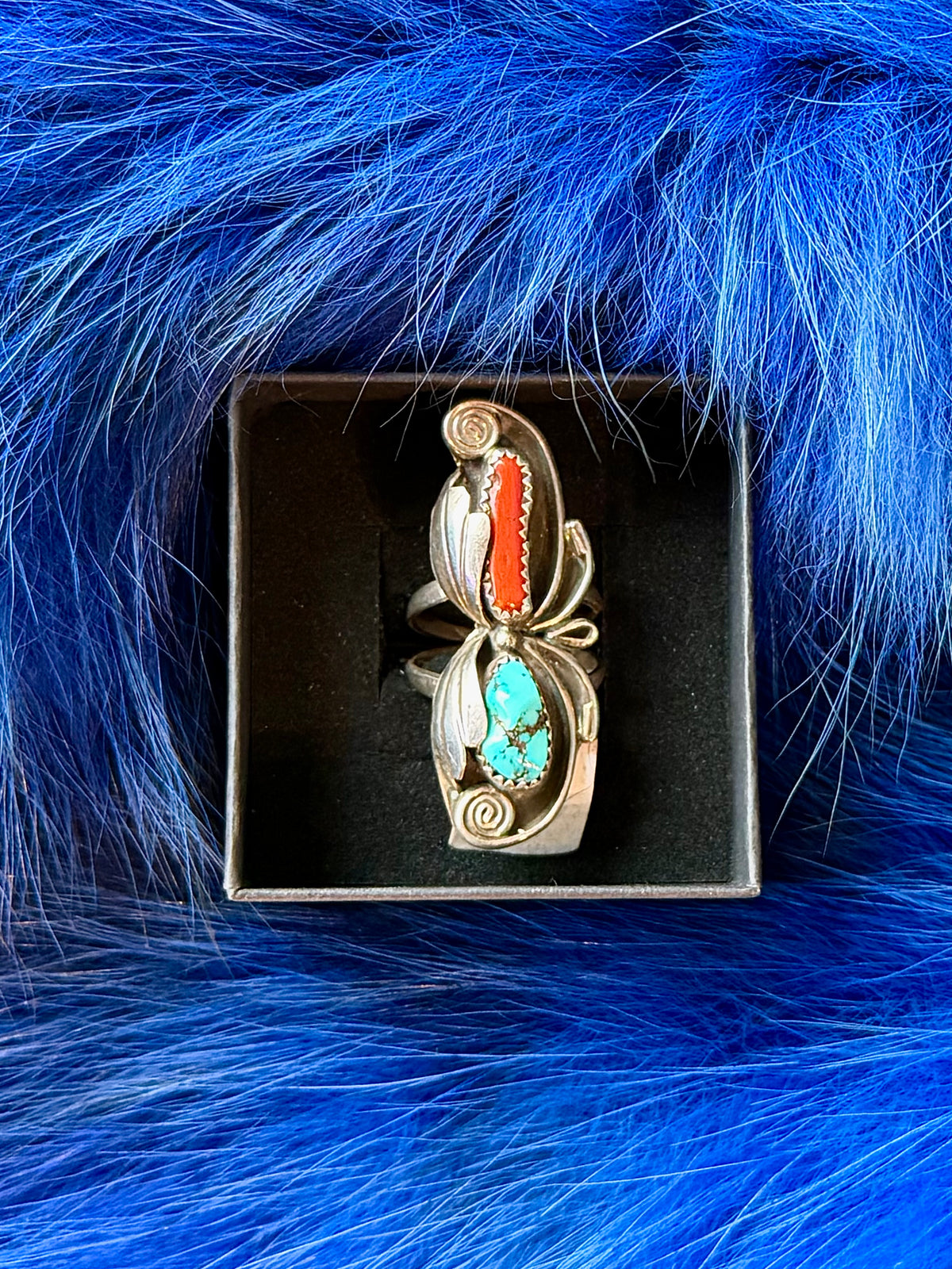 Turquoise And Coral Long Ring