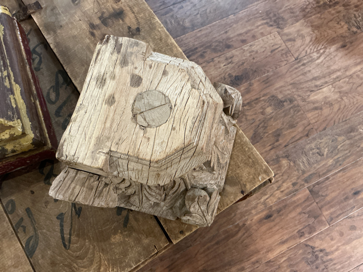 Antique Indian Wooden Pillar Base Candle Holder
