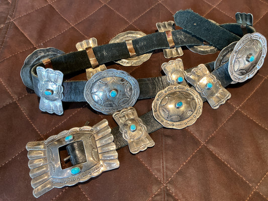 Rectangle Buckle Concho With Snake Eye Turquoise and Sterling on Black Leather