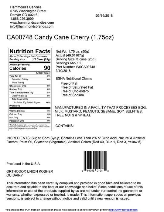 Hammond's Hand-Spun Jumbo Candy Cane - Cherry - 1.75 oz