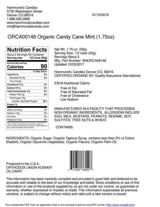 Hammond's Organic Hand-Spun Jumbo Candy Cane - Mint - 1.75 oz