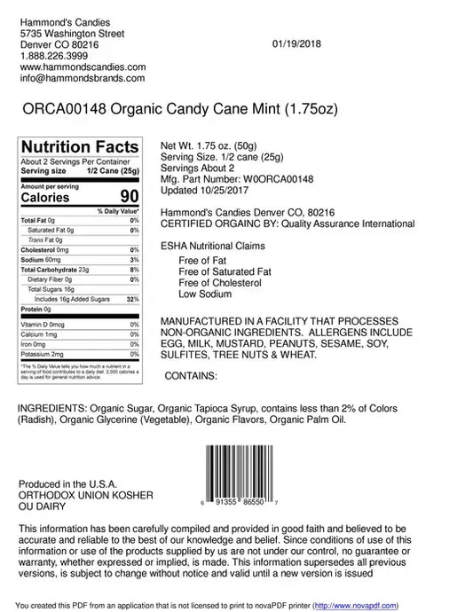 Hammond's Organic Hand-Spun Jumbo Candy Cane - Mint - 1.75 oz