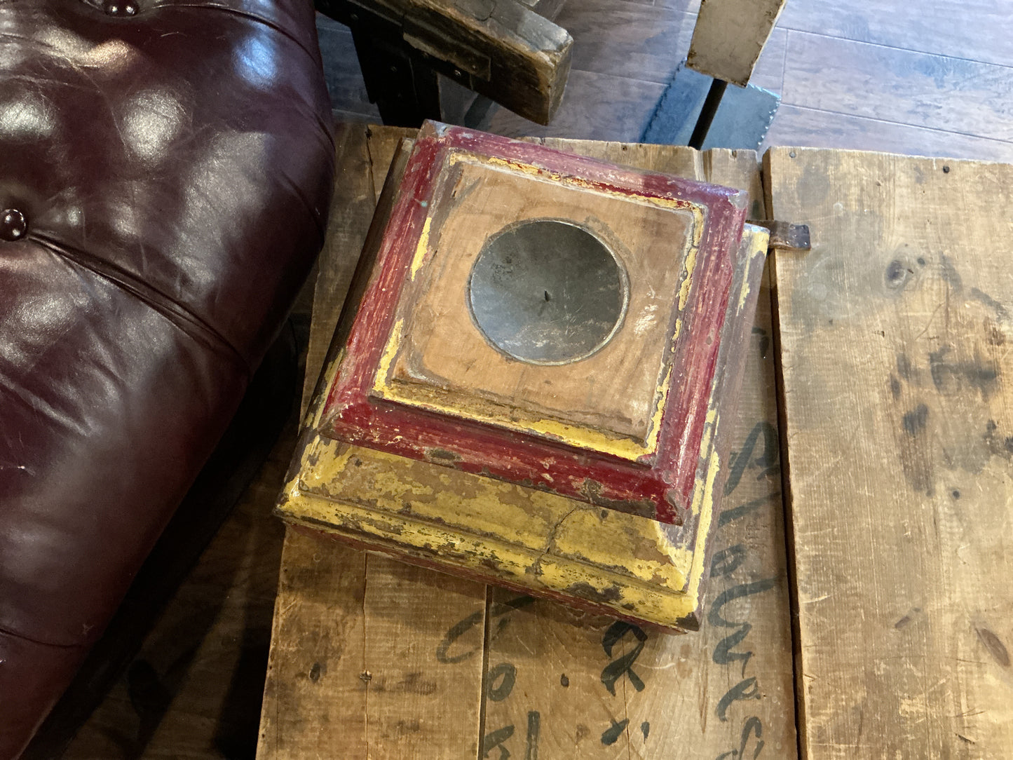 Antique Indian Wooden Pillar Base Candle Holder