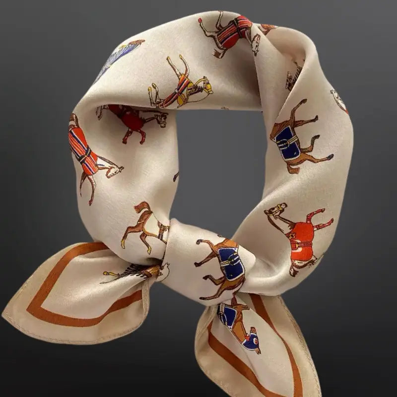 Beige Equestrian Silk Scarf Western Wild Rag Horses in Blankets (Copy)