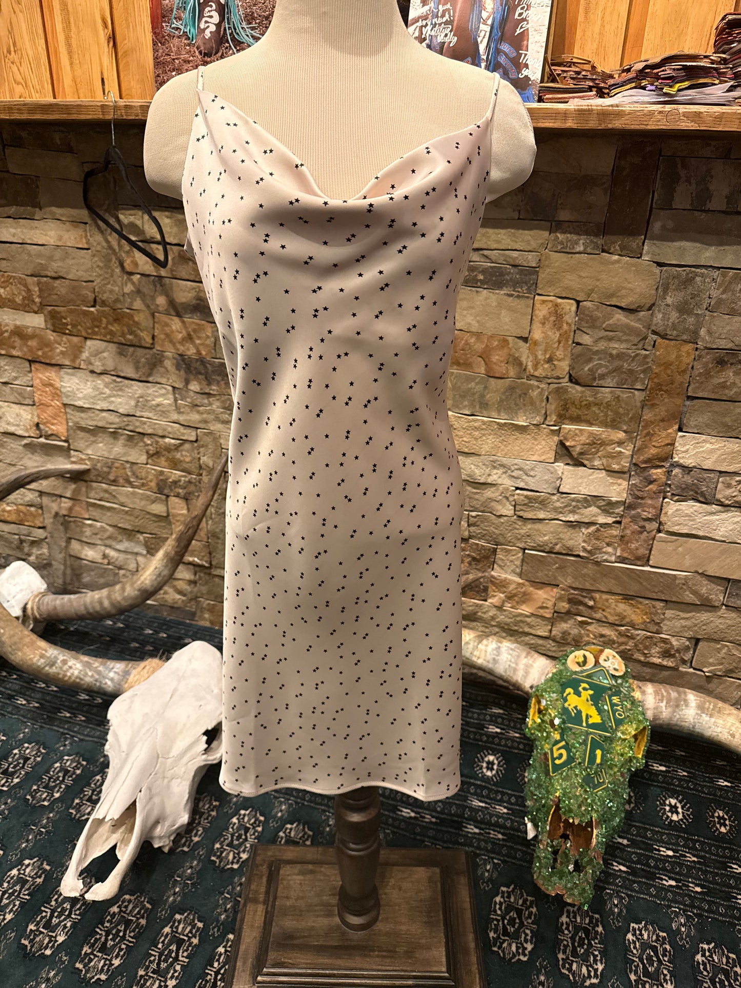 Short Satin Slip Dress - Ivory with Black Stars