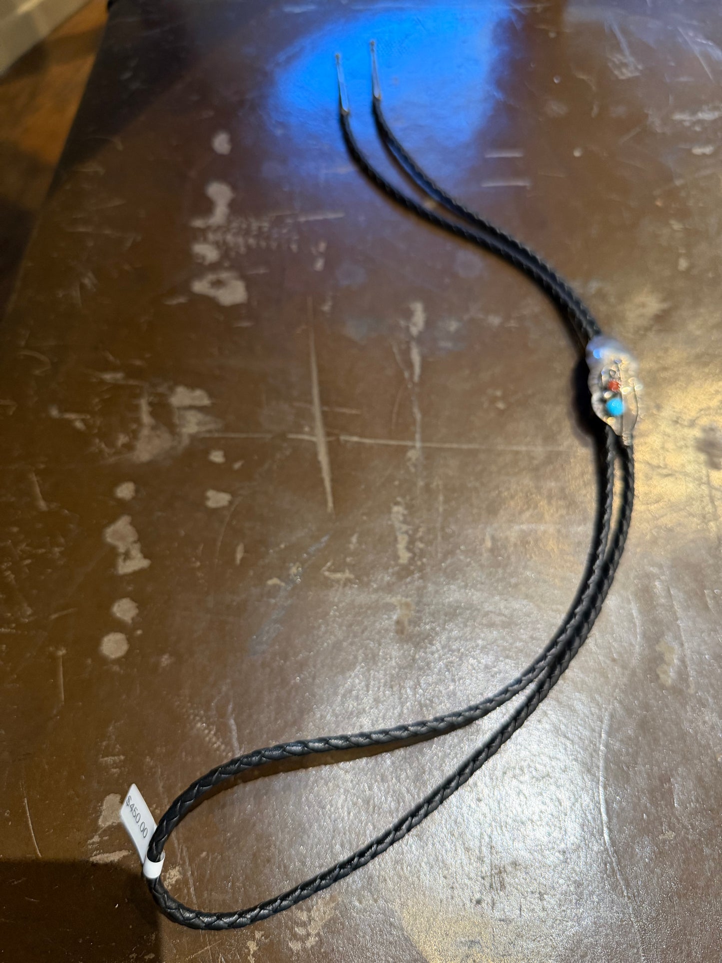 Old Pawn Turquoise and Coral Feather Bolo Tie