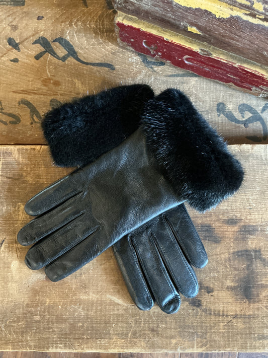 Leather/Mink Gloves - Black