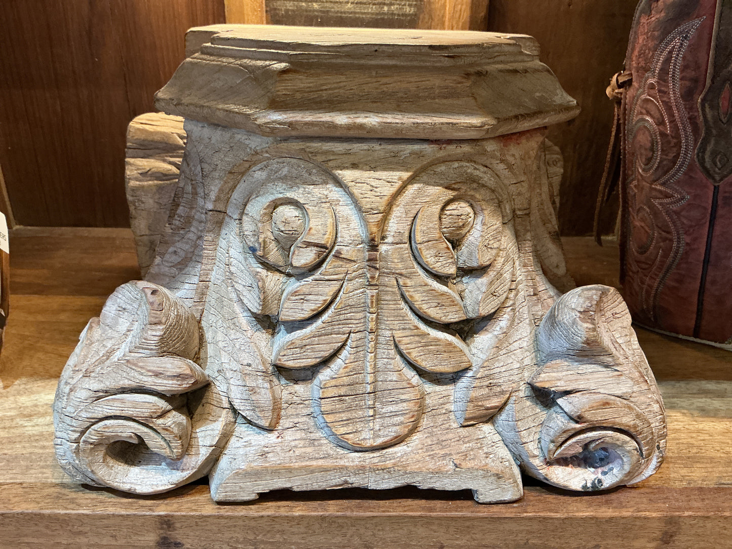 Antique Indian Wooden Pillar Base Candle Holder