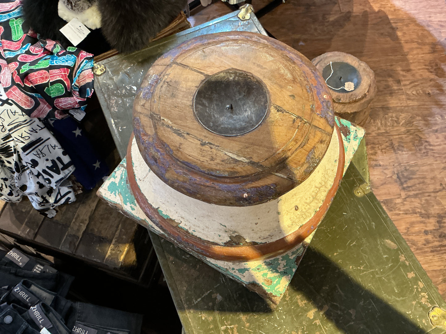 Antique Indian Wooden Pillar Base Candle Holder