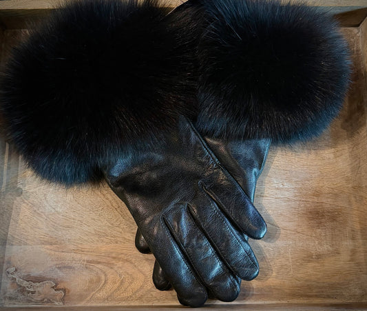 Leather/Fox Gloves - Black