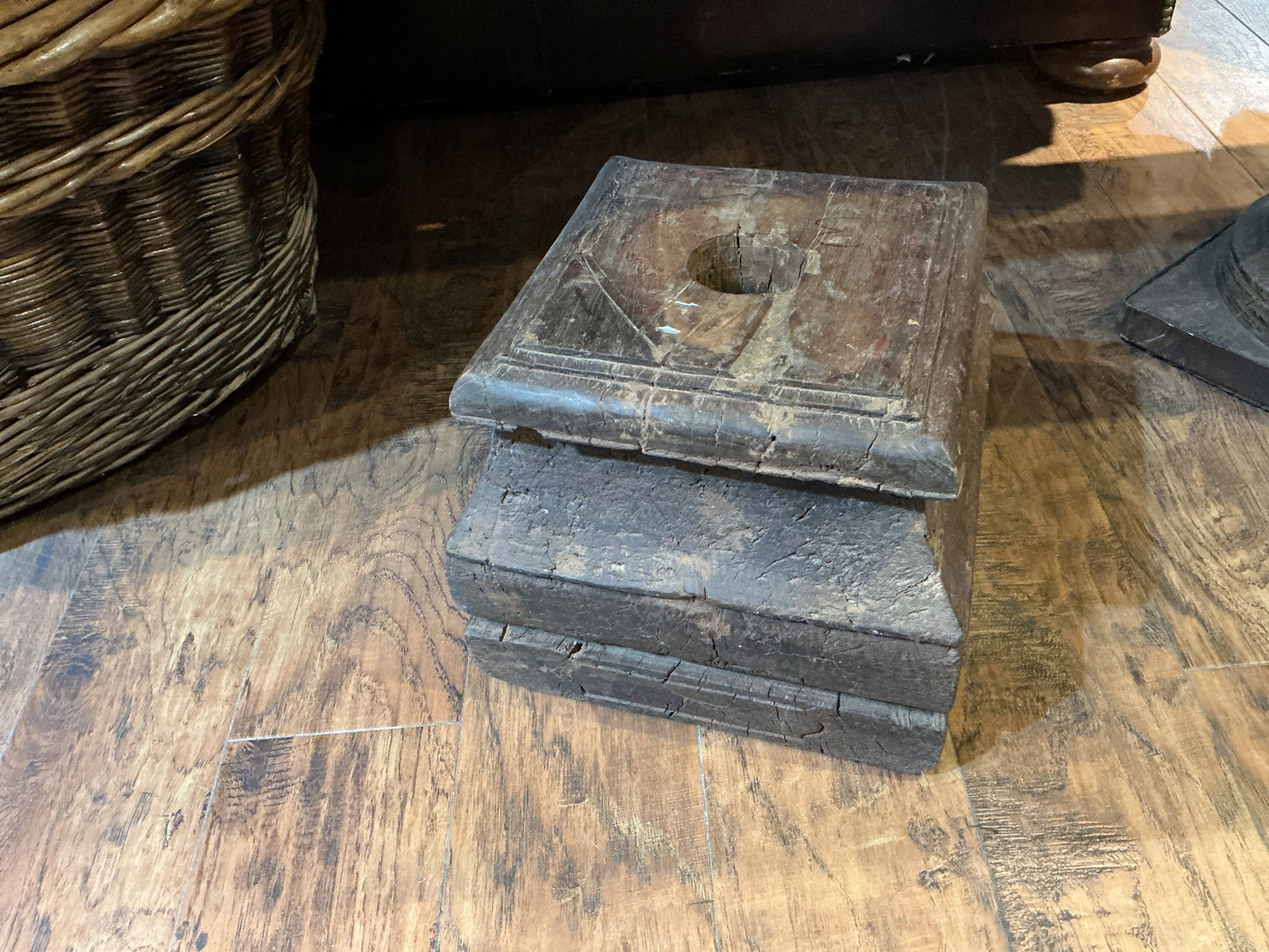 Antique Indian Wooden Pillar Base Candle Holder