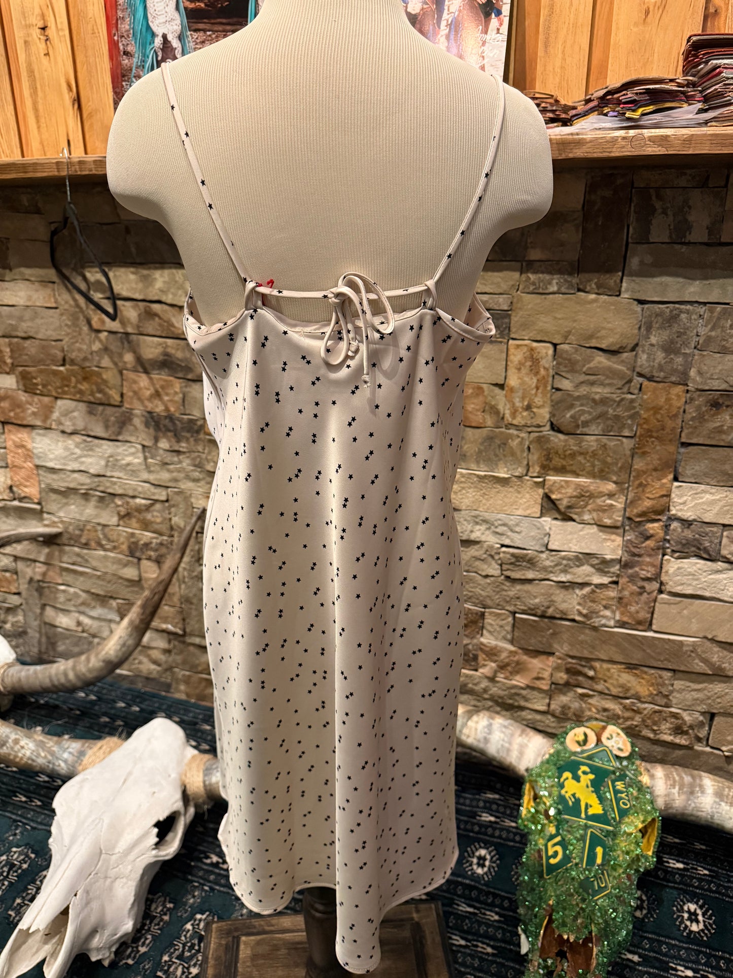 Short Satin Slip Dress - Ivory with Black Stars