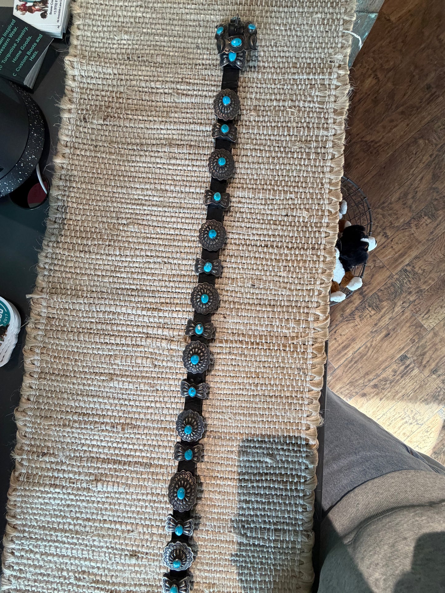 Sterling and Small Turquoise Concho on Black Leather Belt
