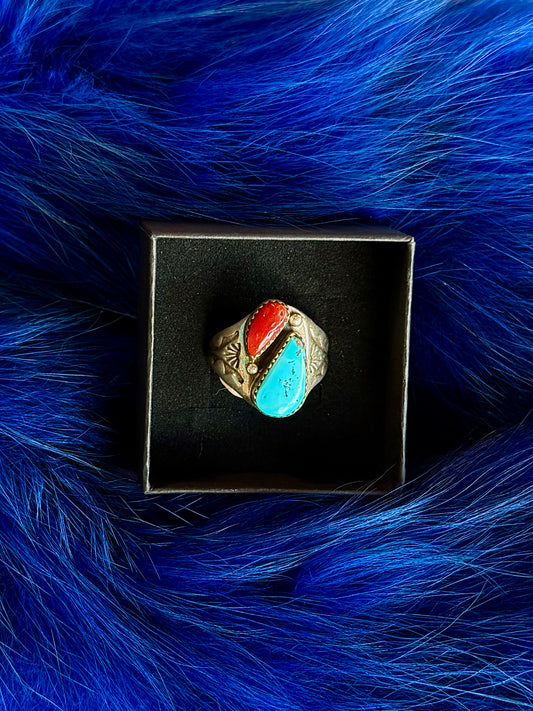 Navajo Coral & Turquoise Ring- M.L.