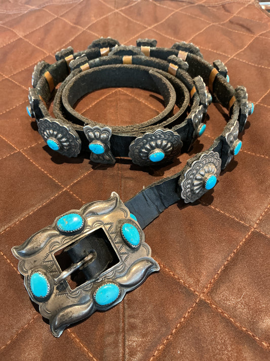 Sterling and Small Turquoise Concho on Black Leather Belt