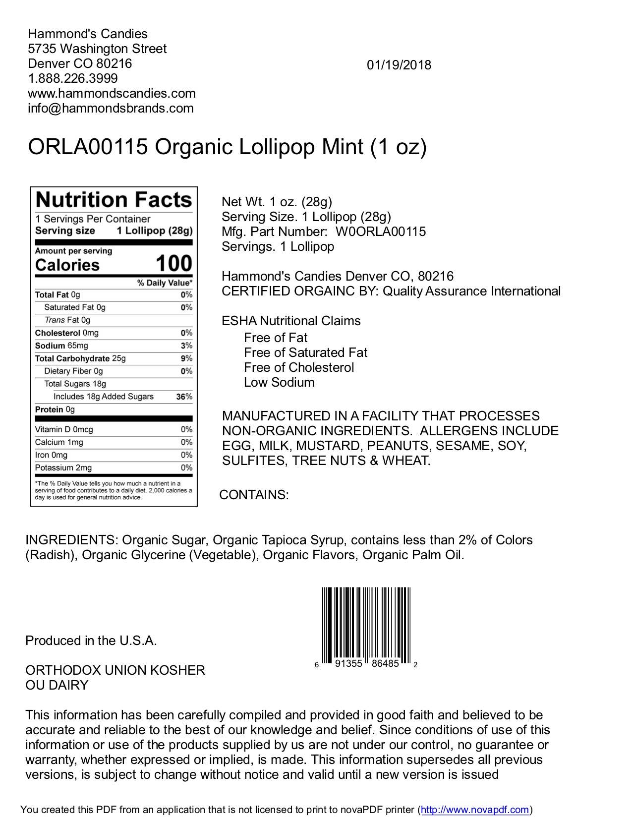 Hammond's Organic Handmade Lollipop - Mint - 1 oz