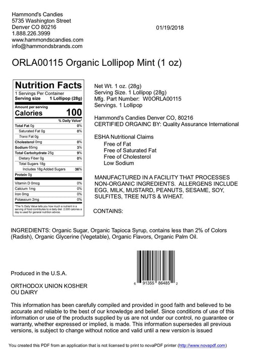 Hammond's Organic Handmade Lollipop - Mint - 1 oz