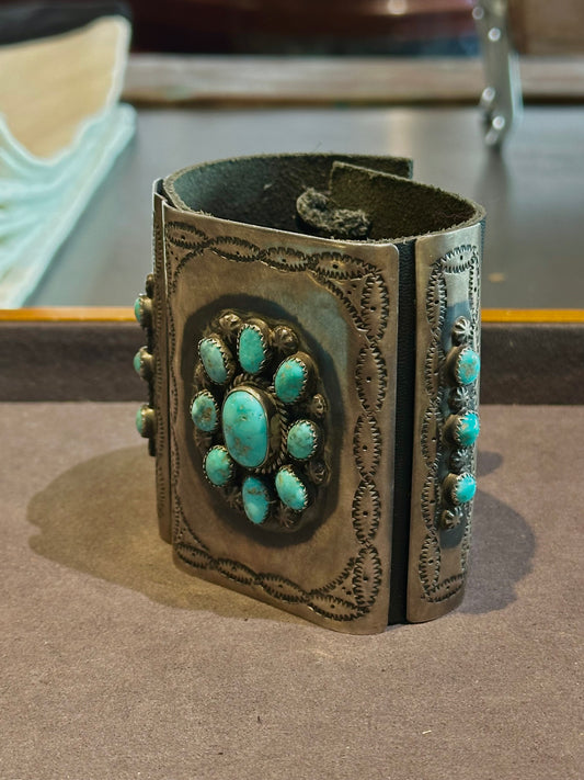 Sterling & Cluster Turquoise on Leather Bracelet