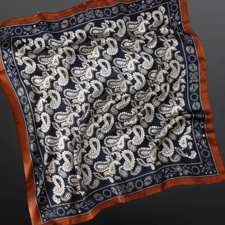 Navy Western Paisley Bandana Print Satin Scarf Wild Rag