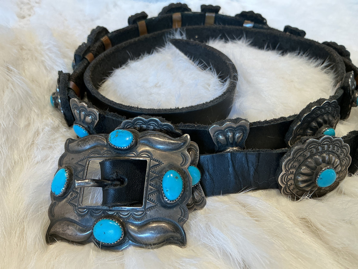 Sterling and Small Turquoise Concho on Black Leather Belt