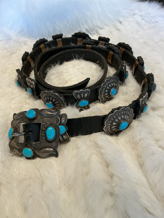 Sterling and Small Turquoise Concho on Black Leather Belt
