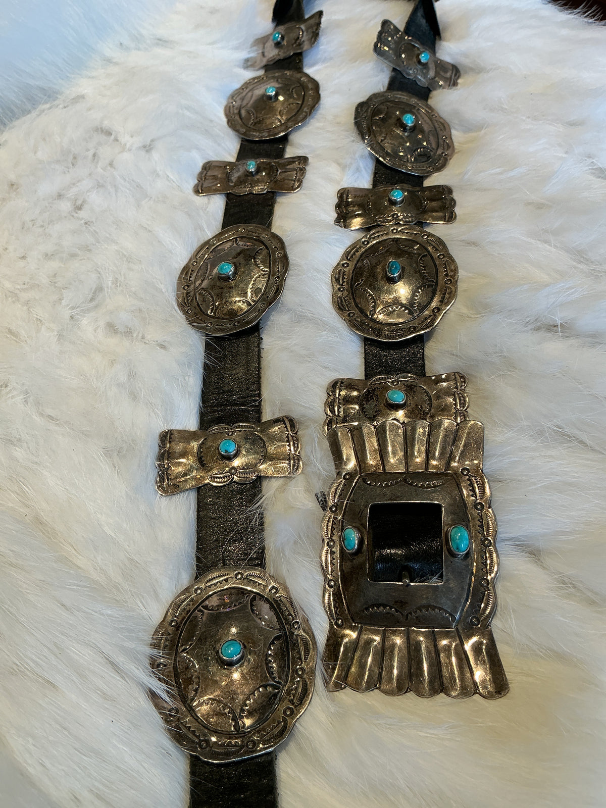 Rectangle Buckle Concho With Snake Eye Turquoise and Sterling on Black Leather