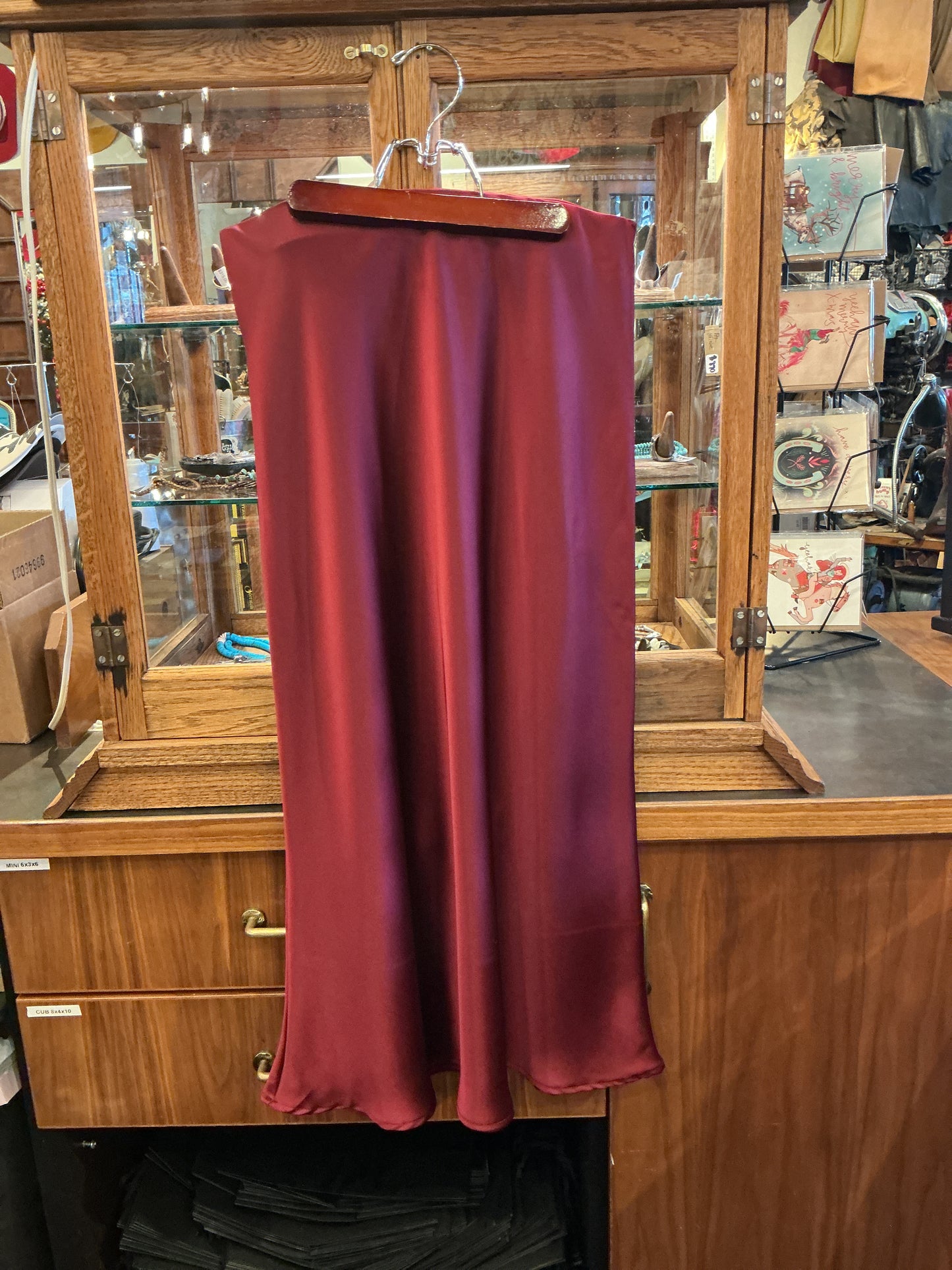 Solid Satin Midi Skirt - Wine