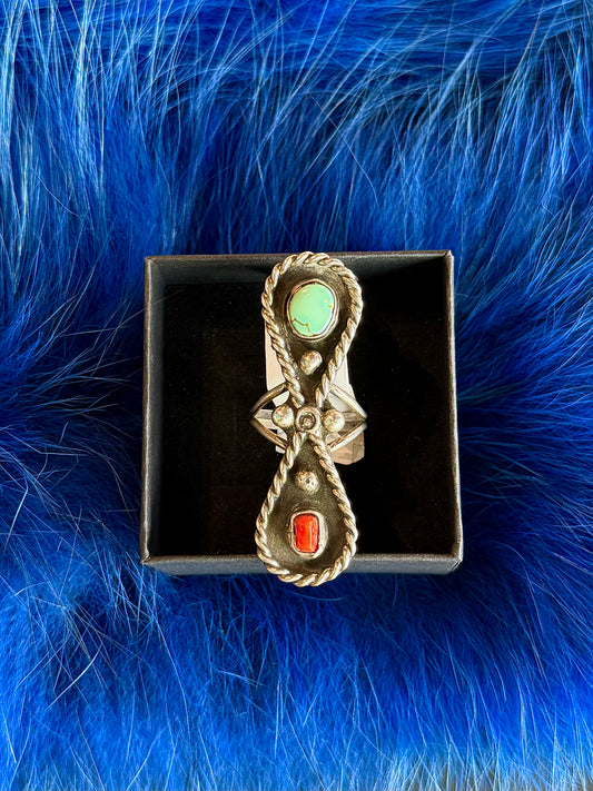 Vintage Navajo Turquoise and Coral Ring