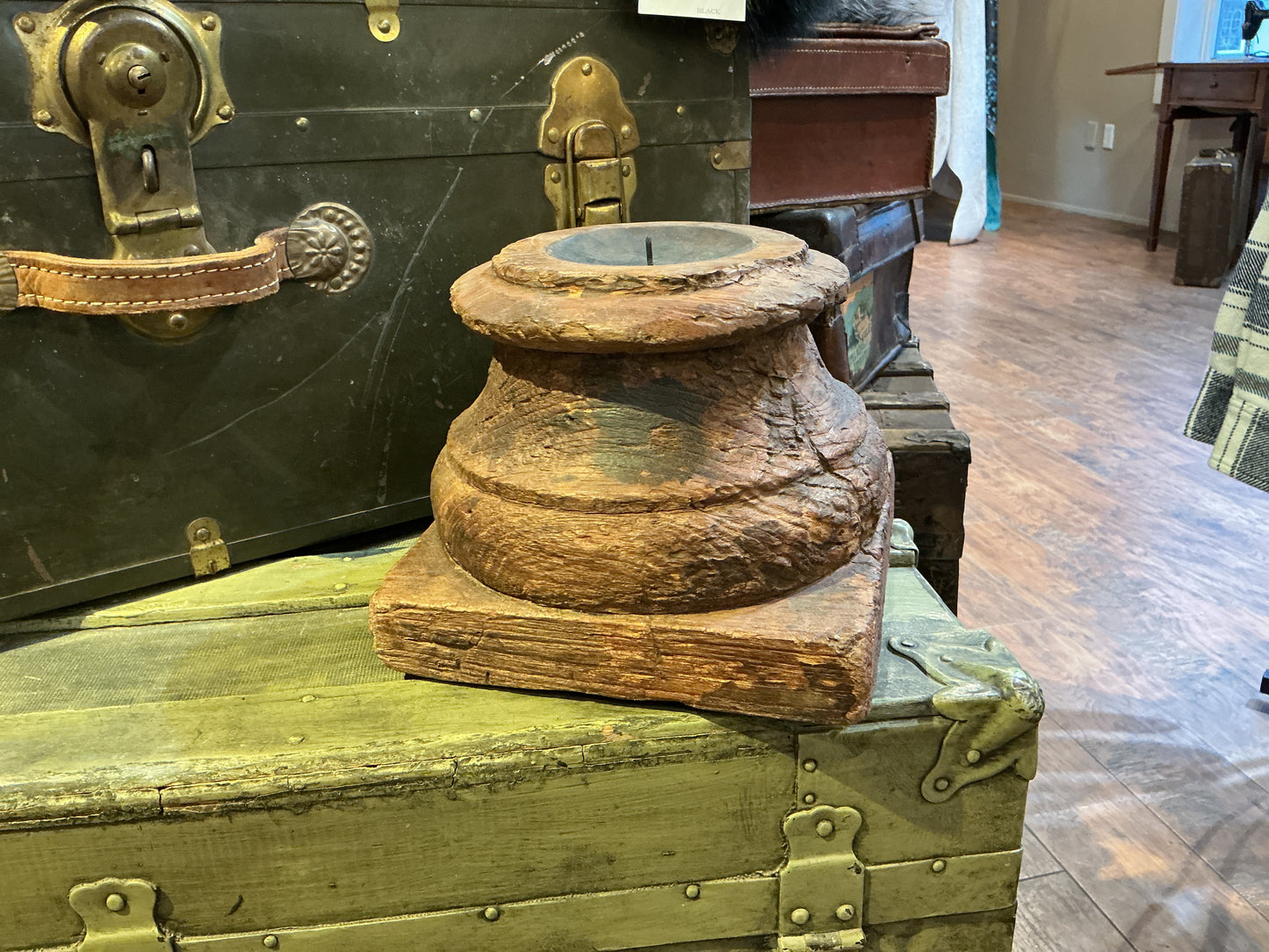 Antique Indian Wooden Pillar Base Candle Holder