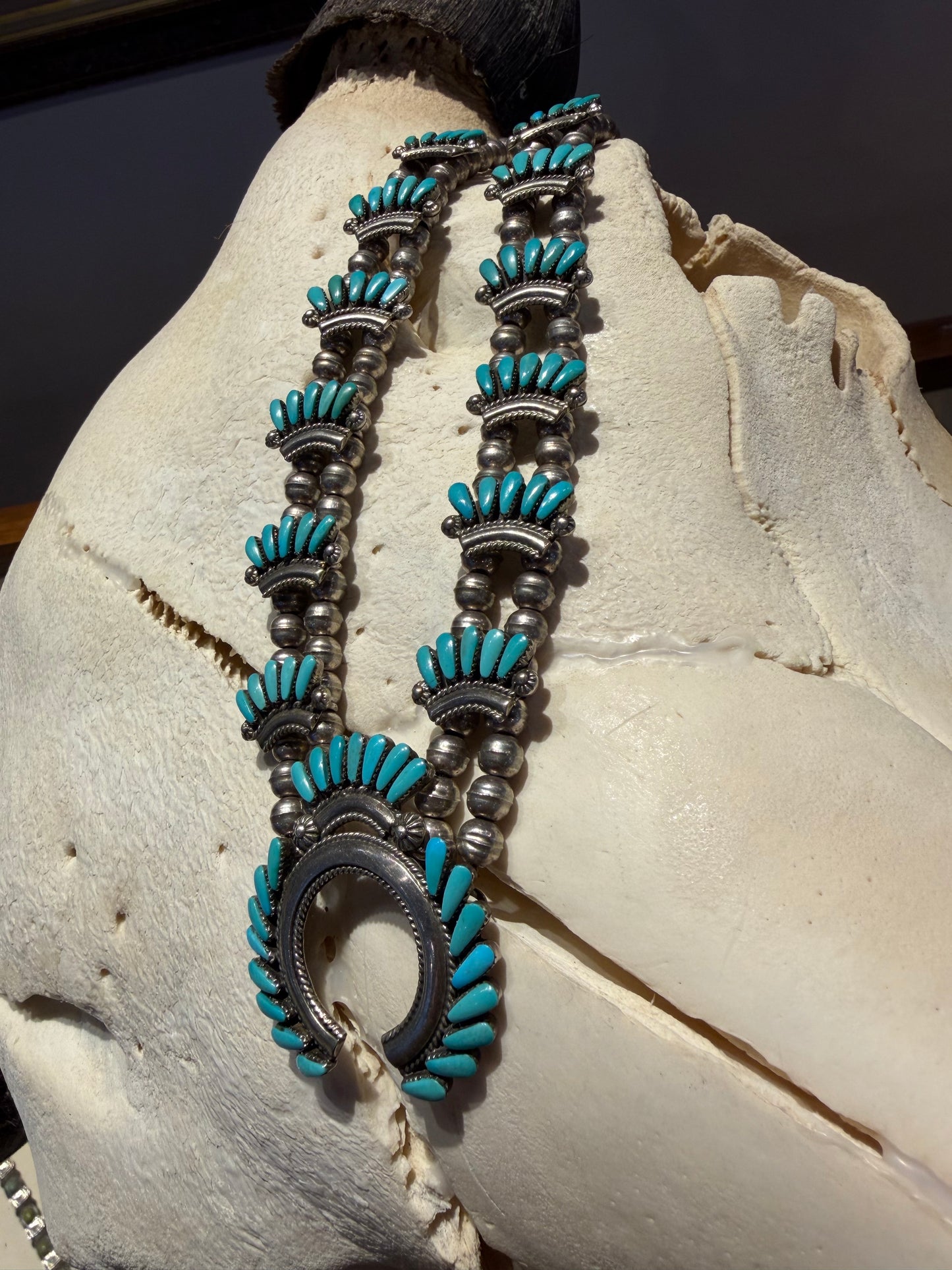 Vintage Navajo Turquoise Squash Blossom Necklace