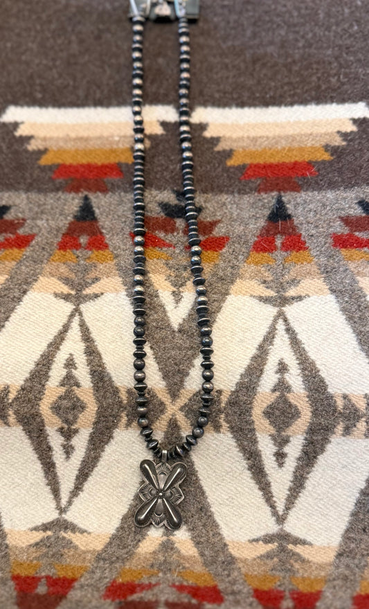 Necklace- Sterling Silver Pendant on Navajo Saucer & Pearls