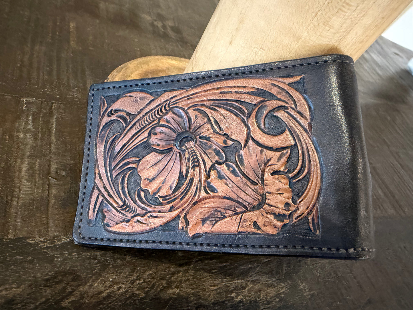 BarX Wallet - Leather & Blue Southwestern Textile