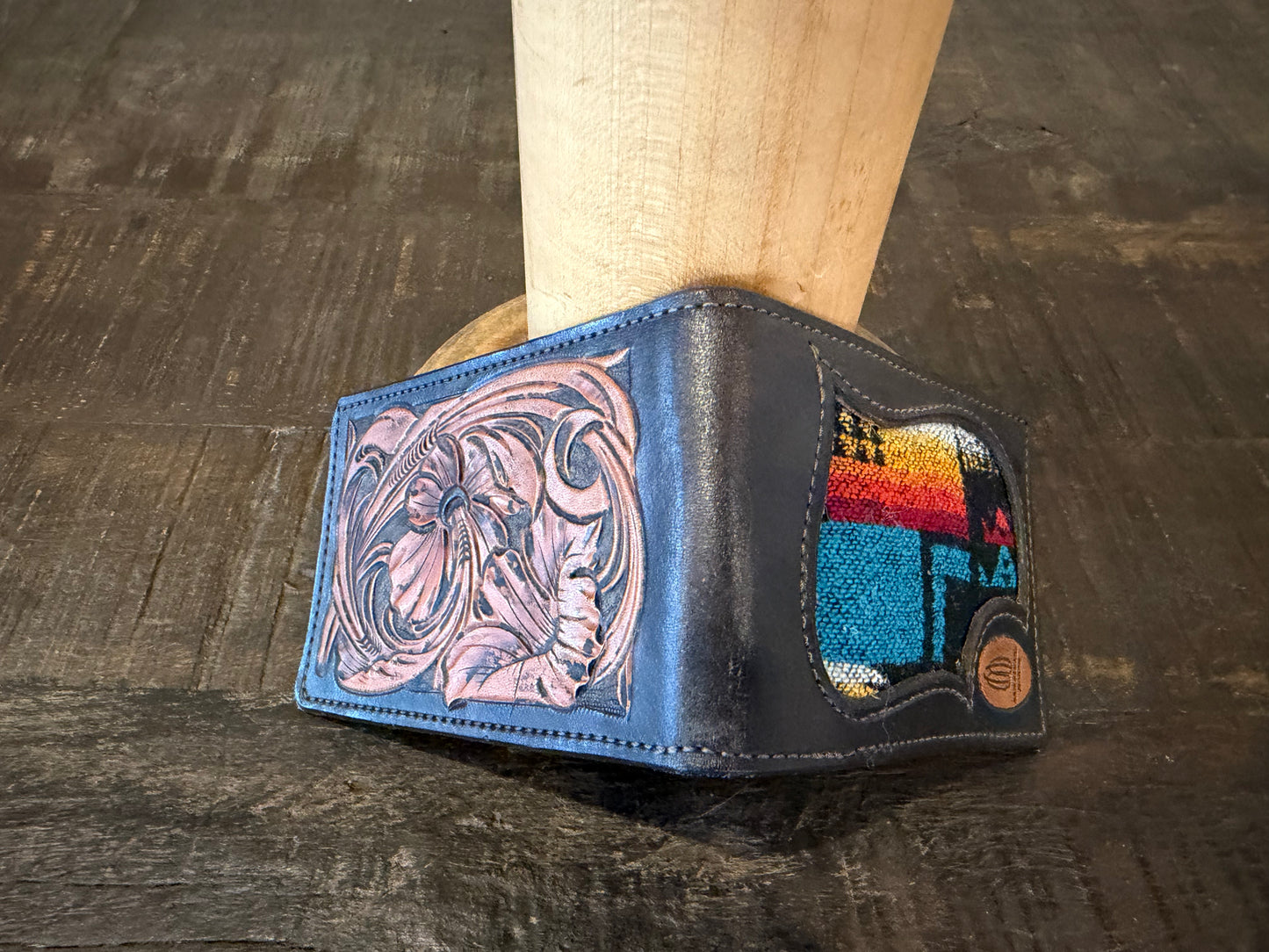 BarX Wallet - Leather & Blue Southwestern Textile