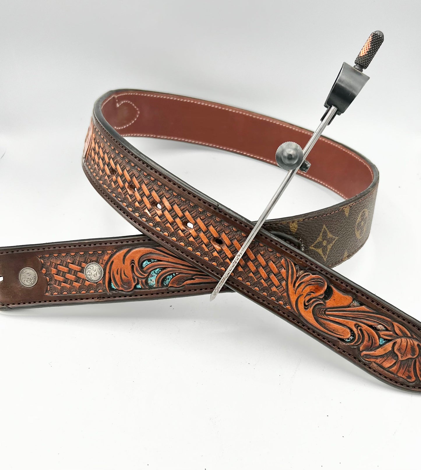 Bar X Handmade Belt - Brown LV Tooled with Turquoise Inlay