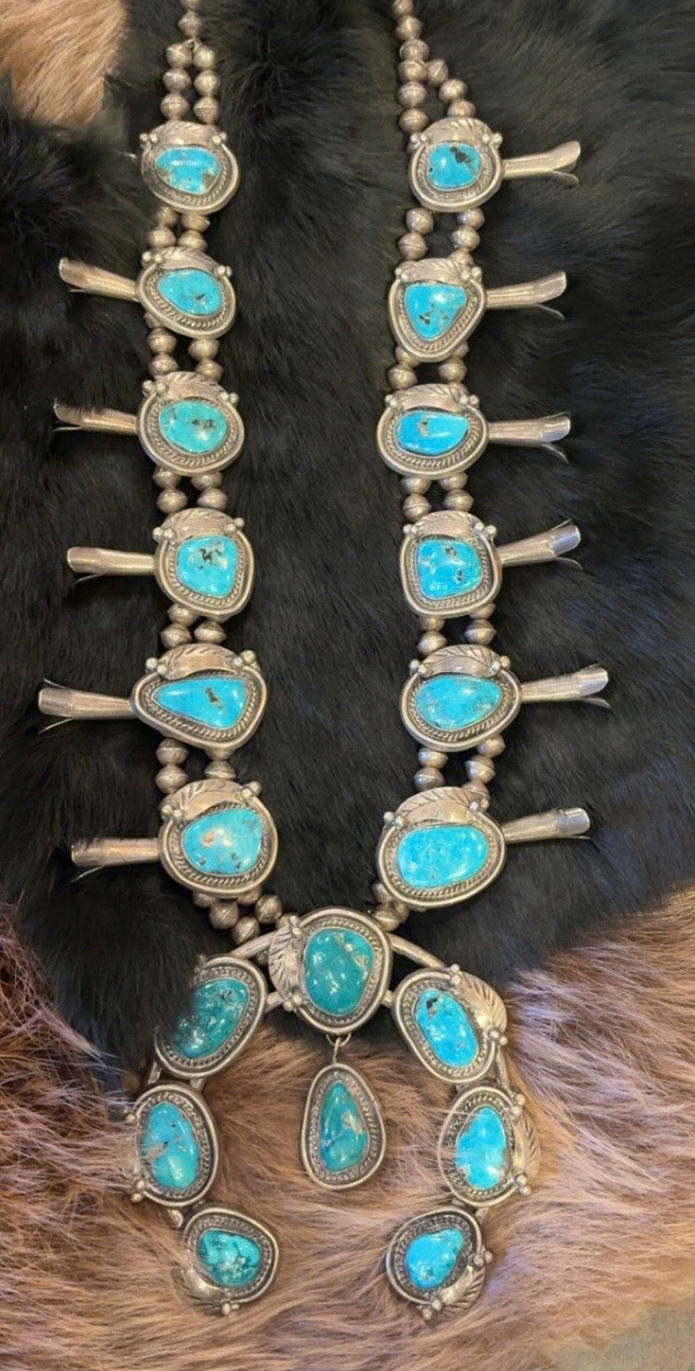 Native American Sterling Silver Turquoise Large Squash Blossom