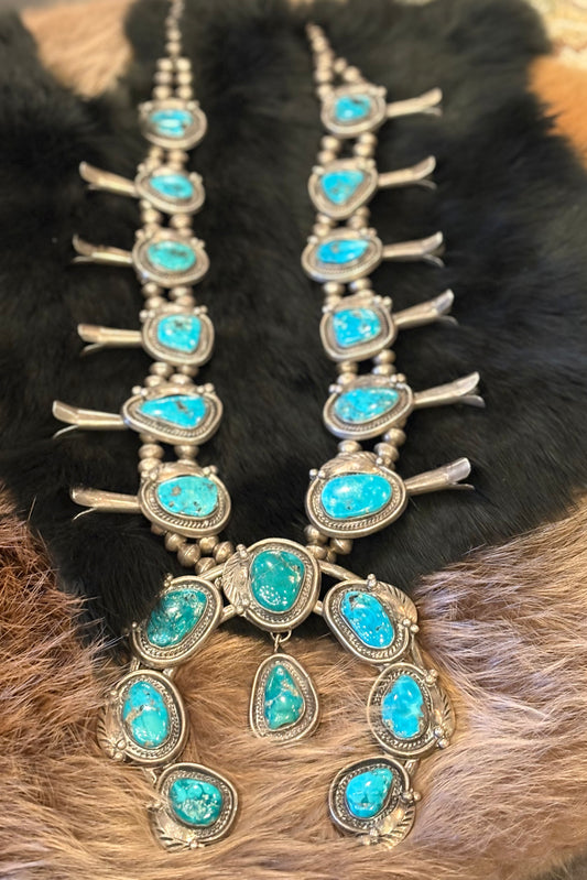 Native American Sterling Silver Turquoise Large Squash Blossom
