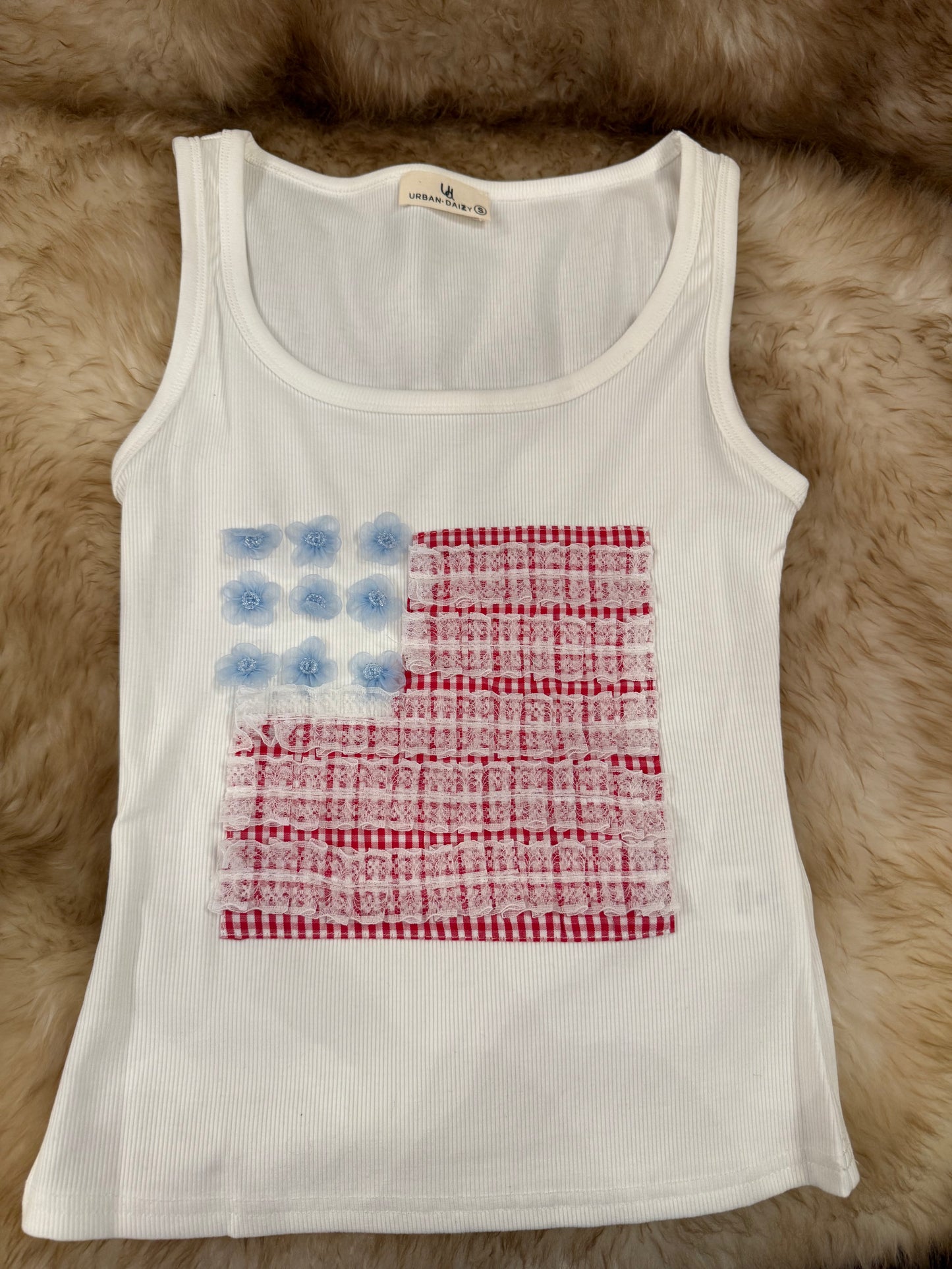 Lace American Flag Patch Ribbed Tank