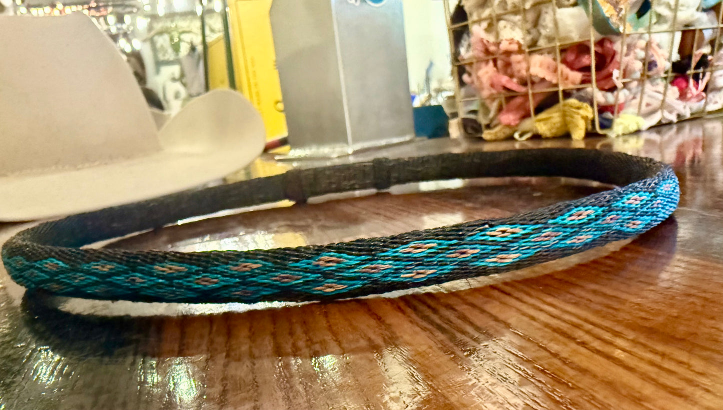 Turquoise & Black Diamond Hitched Horsehair Hatband