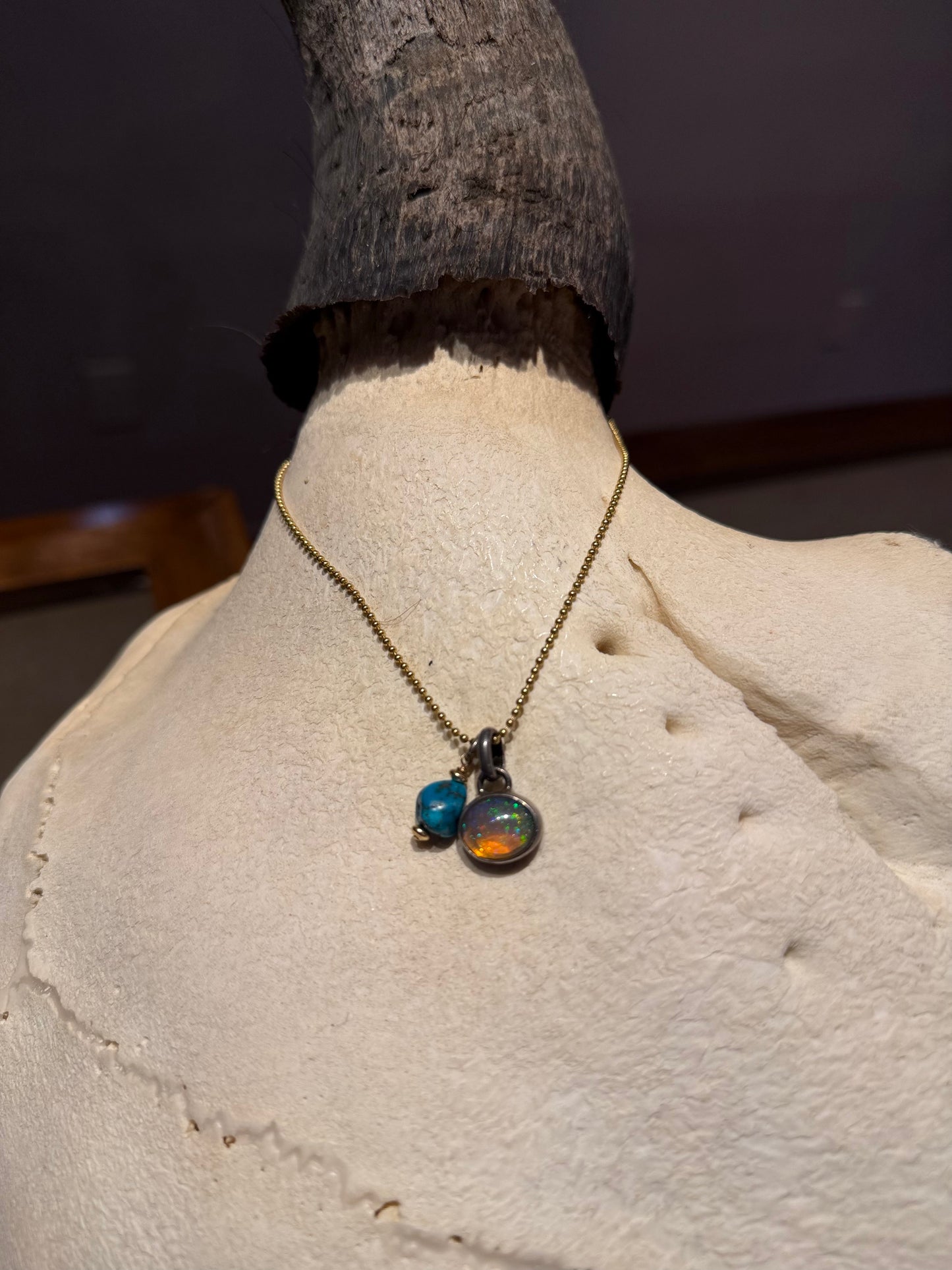 Moonstone and Turquoise charm Necklace on Gold chain