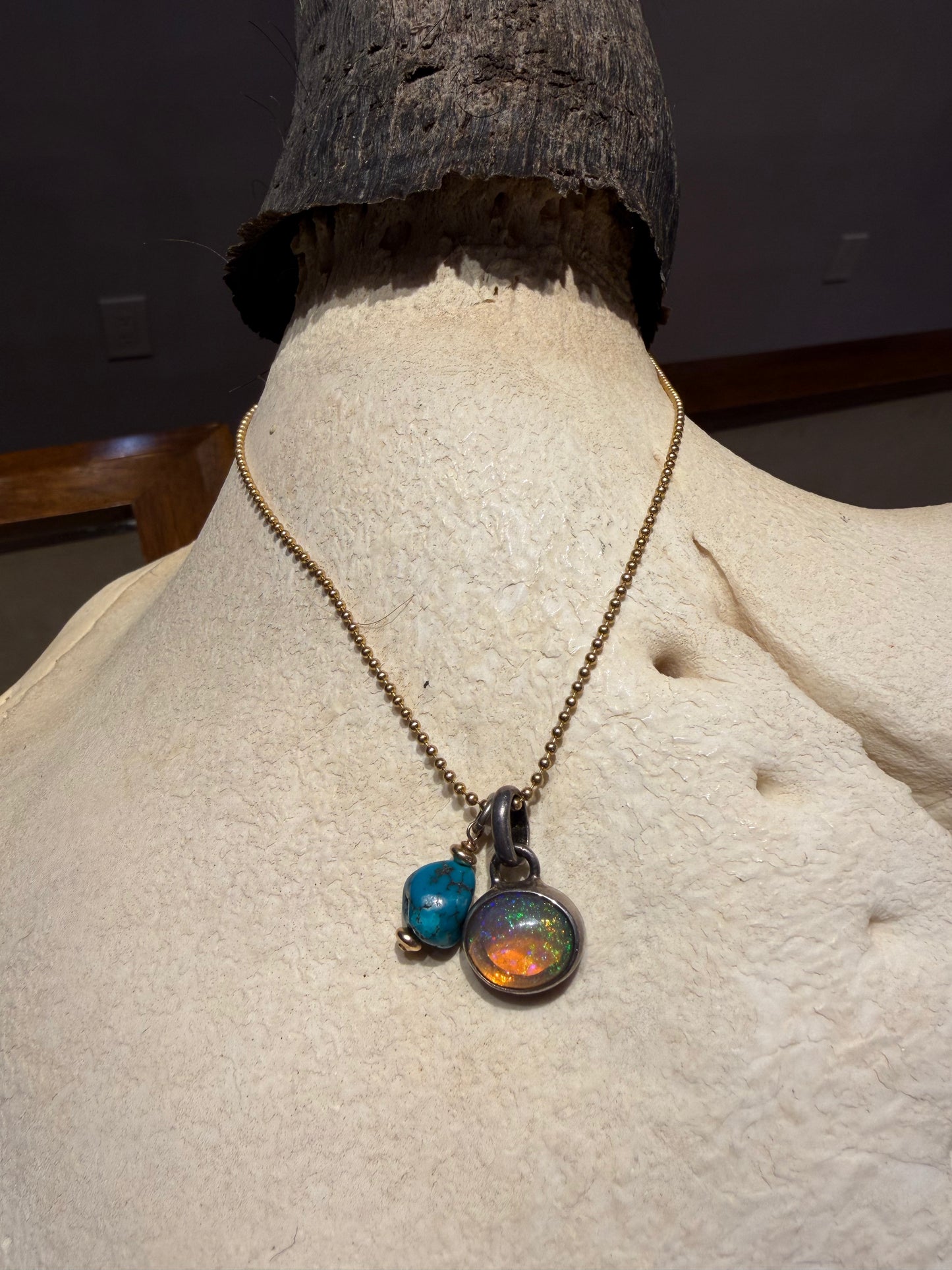 Moonstone and Turquoise charm Necklace on Gold chain