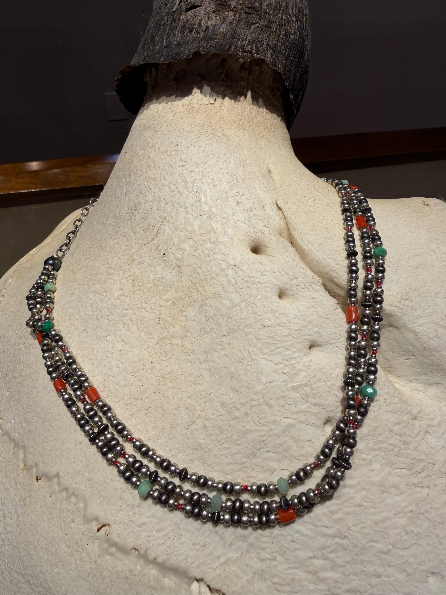 Sterling Silver Turquoise and Coral Beaded Necklace 3 Strand