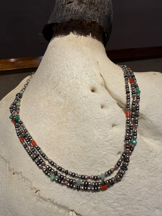 Sterling Silver Turquoise and Coral Beaded Necklace 3 Strand