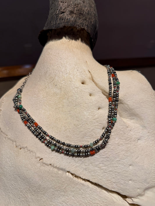 Sterling Silver Turquoise and Coral Beaded Necklace 3 Strand
