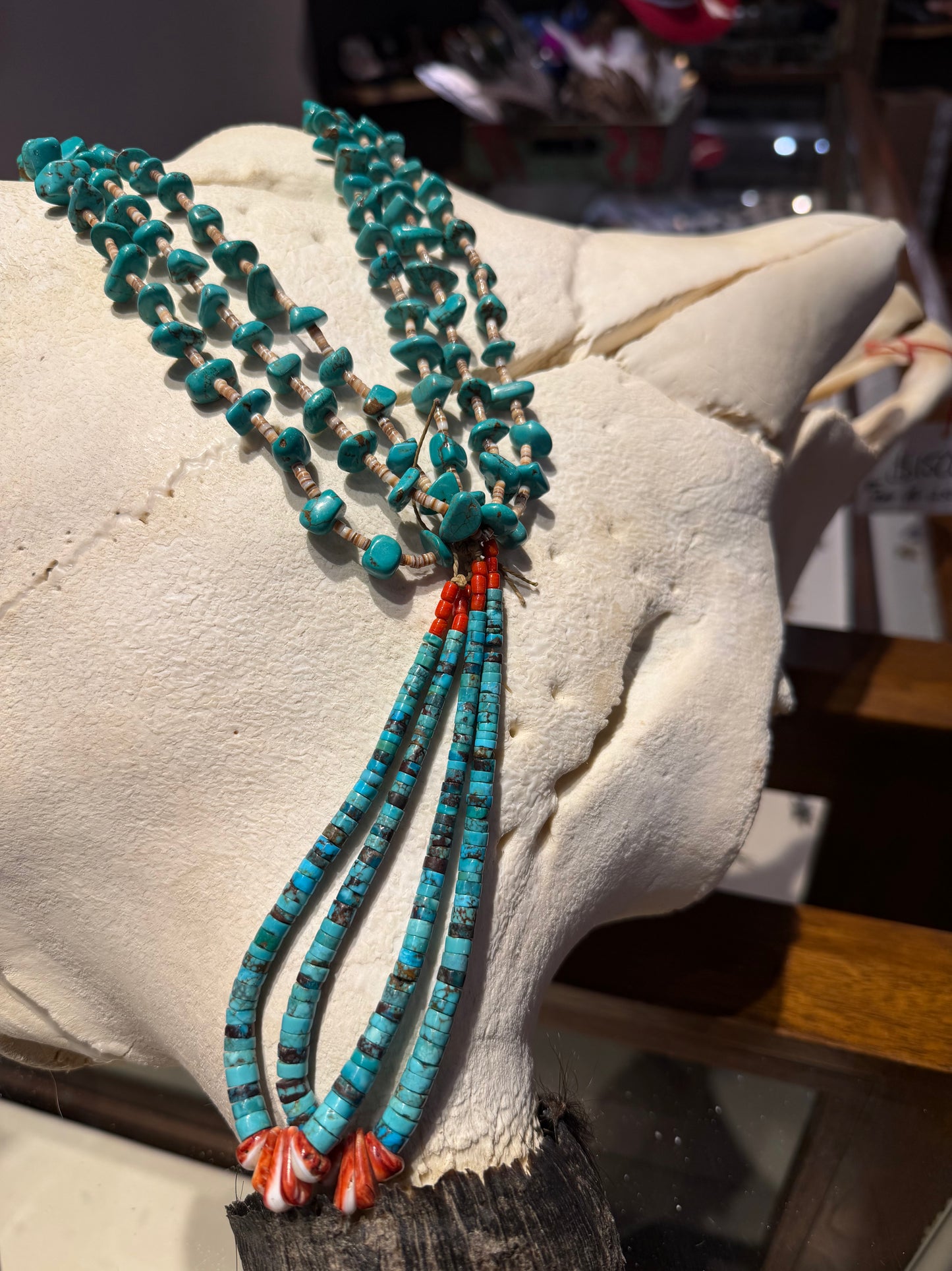 Turquoise, Coral, and Heishi Necklace with Joclas