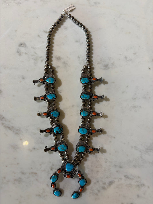 Vintage Coral and Turquoise Squash Blossom